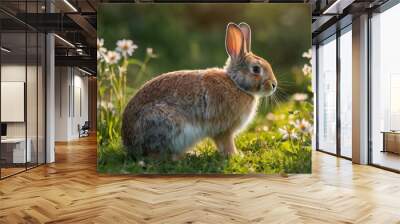 A charming rabbit sits quietly in a bright meadow, surrounded by vibrant flowers and greenery, capturing the peaceful essence of spring. Wall mural