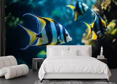 A colorful fish swims in a tank with other fish Wall mural