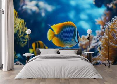 A colorful fish swims in a tank with other fish Wall mural