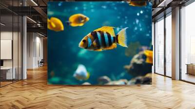 A colorful fish swims in a tank with other fish Wall mural