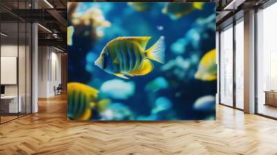 A colorful fish swims in a tank with other fish Wall mural