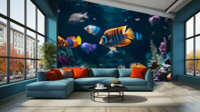 A colorful fish swims in a tank with other fish Wall mural