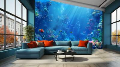 A colorful underwater scene with many fish swimming around Wall mural