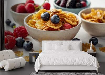 A delicious American breakfast featuring cornflakes, berries, and honey on a white background, with ample copy space. Wall mural