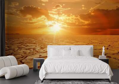 A desolate desert landscape with a sun setting in the background Wall mural