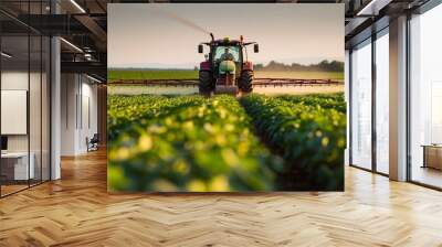 A farmer rides in a combine and waters his fields, agricultural business concept
 Wall mural