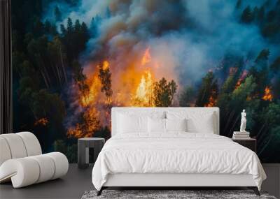 A forest fire is raging through a forest, with smoke billowing into the sky Wall mural