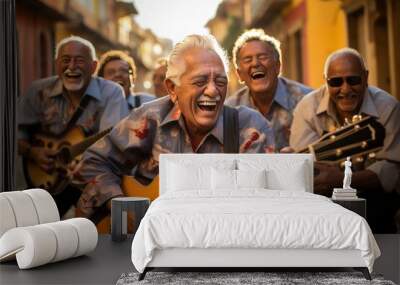 A group of elderly men having fun at a street music festival generated AI Wall mural
