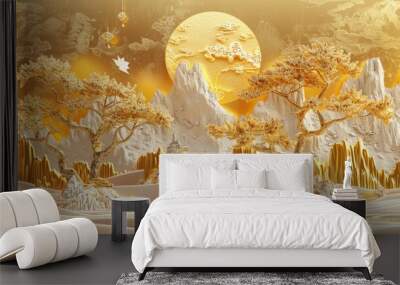 A painting of a tree with a gold moon in the sky Wall mural