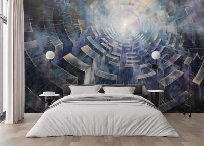 A painting of an aerial view of the labyrinth, a maze made up of ancient stone blocks with rays of light shining down on it from above.  Wall mural