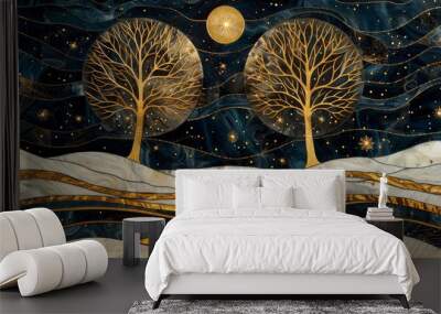 A painting of two trees with a full moon in the background Wall mural