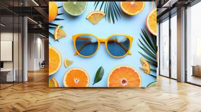 A pair of sunglasses is placed on top of a pile of oranges and limes Wall mural