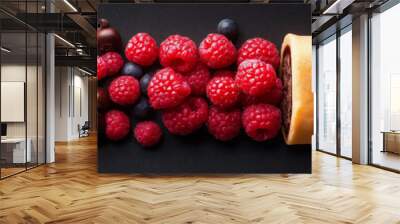 A plate of assorted desserts including a chocolate cake, a raspberry tart. Wide format image, website header. Wall mural