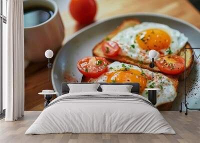 A plate of eggs and toast with tomatoes and a glass of orange juice Wall mural