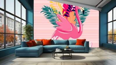 A poster  with cartoon Flamingo and palm leaves on light pink background, vector illustration Wall mural