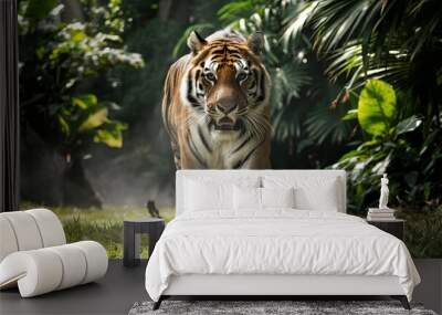 A proud Sumatran tiger prowling towards the camera, showcasing its powerful presence and striking features. Wall mural