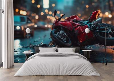 A red motorcycle is laying on the road with a car behind it Wall mural