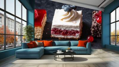 A row of desserts with strawberries and blueberries on top. Wide format image, website header. Wall mural