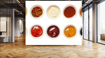 A row of white bowls with different colored sauces Wall mural