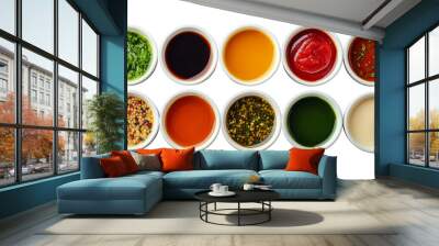 A row of white bowls with different colored sauces Wall mural