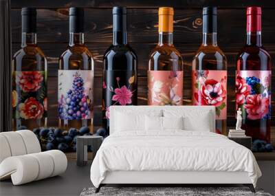 A row of wine bottles with floral labels and a bunch of grapes and berries Wall mural