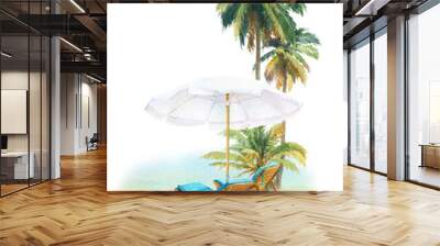 A seascape with palms, deck chairs and a beach umbrella hand drawn in watercolor isolated on a white background. Watercolor illustration. Vintage illustration. Seaside vacation. Sea view. Traveling Wall mural