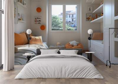 A small bedroom with a white bed and orange pillows Wall mural