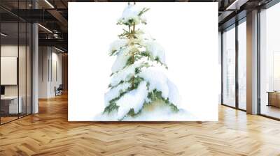 A snow-covered spruce hand drawn in watercolor isolated on a white background. Christmas tree. Watercolor winter illustration. Watercolor fir. Wall mural