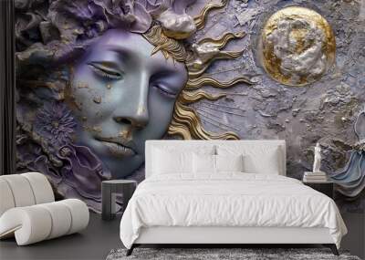 A sun and moon, each with its own unique face and expression, set against an intricate background of lace patterns and delicate script in shades of blue, purple and gold. Wall mural