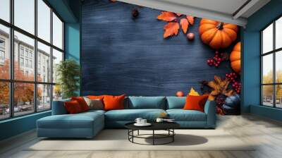 A table with a blue background and a variety of fall fruits Wall mural