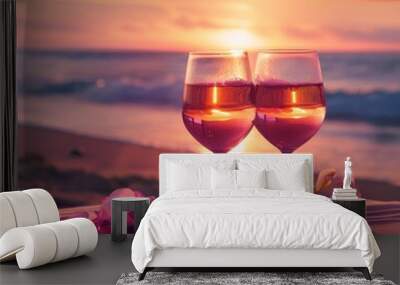 A table with two wine glasses and a bouquet of flowers by the ocean Wall mural