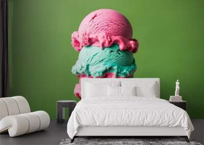 A triple-layered ice cream cone with vibrant, colorful scoops, set against a green background. The composition showcases the playful and appealing nature of the ice cream. Wall mural