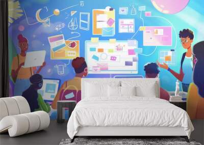 A vibrant illustration of a diverse group of people working together on laptops, set in a colorful, modern office space with abstract graphics in the background Wall mural