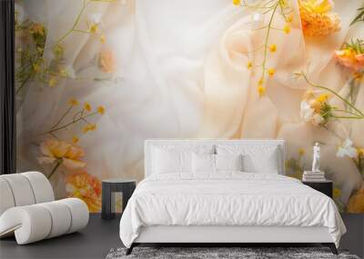 A white background with a floral pattern and a yellow flower Wall mural