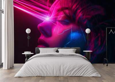 A woman's face with glitch effects, a neon light glowing on her forehead against a dark background. Wall mural