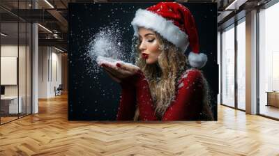 A woman in a red hat and red sweater is blowing snow Wall mural