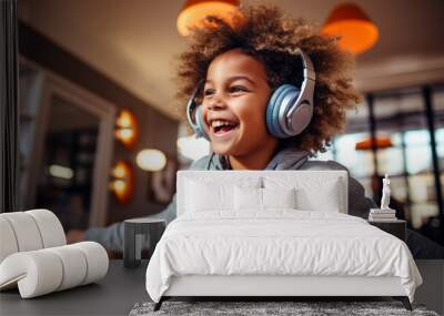 A young Afro boy 7 years old enjoying music in her cozy living room, Wall mural