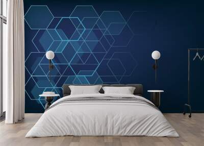 Abstract technology and science background, space for text, hexagonal shapes on a blue backdrop. Wall mural