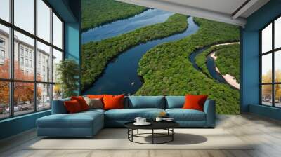 Aerial view of lush river islands surrounded by water. Wall mural