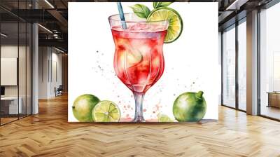 Alcohol drink, watercolor illustration of tropical cocktail. Wall mural