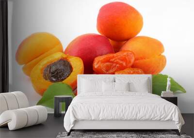 apricot fruits with green leaf and dried apricot isolated on white background Clipping Path Wall mural