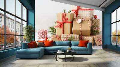 christmas background with big heap of gift boxes and decoration. Wall mural