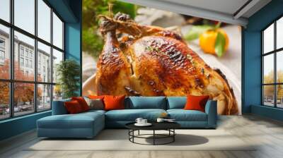 christmas whole roast chicken with tangerines, apples and thyme Wall mural