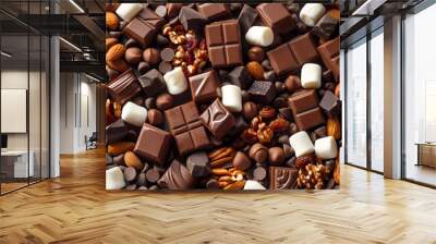 Background of chocolate pieces, candies and nuts Wall mural