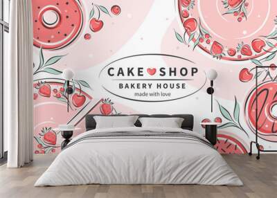 Cake shop. Different desserts, pastry dishes, ingredients for baking items, donuts. Vector illustration for menu, recipe book, baking shop, cafe. Wall mural