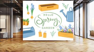 Gardening, growing plants, agricultural tools. Hello spring garden text.  Vector illustration Isolated on white. Wall mural