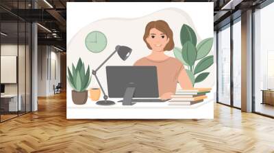 Student woman preparing for exams  using online courses, freelancer working from home. Freelance,  studying or online education concept . Vector flat style illustration Wall mural