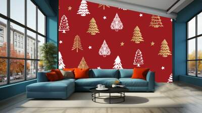 Christmas tree pattern on red background, Hand drawn illustrations.	 Wall mural