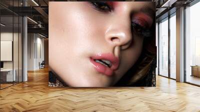 Close up portrait of beautiful young woman with evening makeup and wavy hairstyle. Purple smoky eyes Wall mural