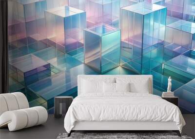 Colorful transparent cubes stacked in an abstract arrangement with glossy surfaces Wall mural